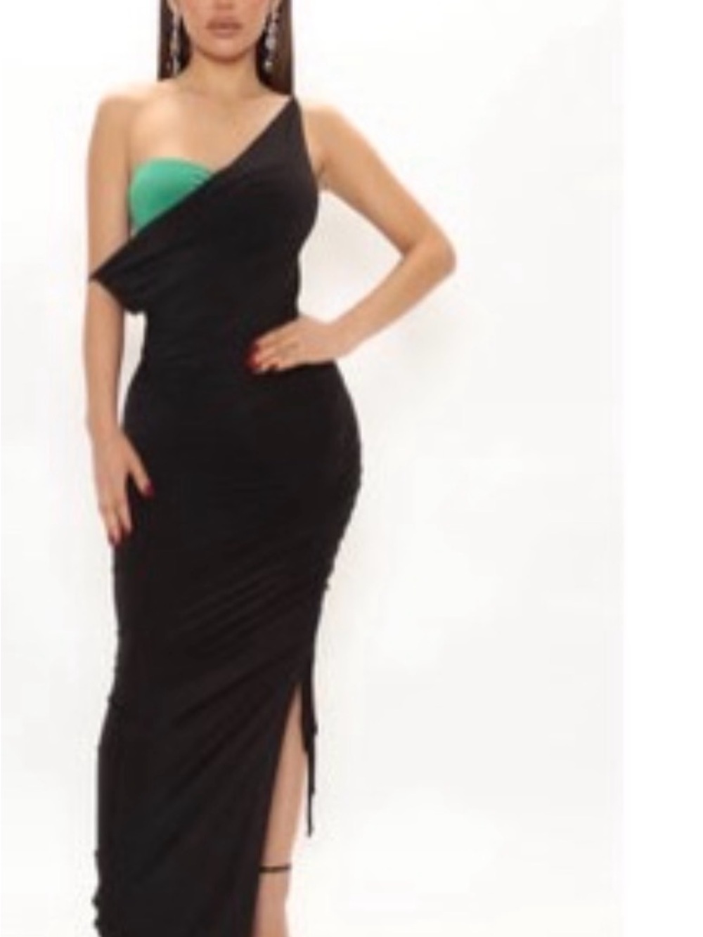Fashion Nova Black One-Shoulder Gown with Green Accent